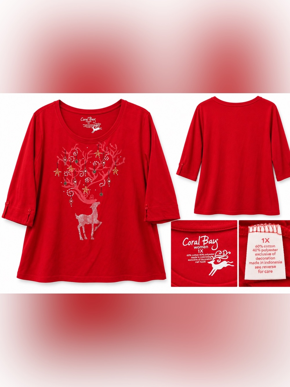 Coral Bay Red Reindeer Christmas Top – Women’s 1X